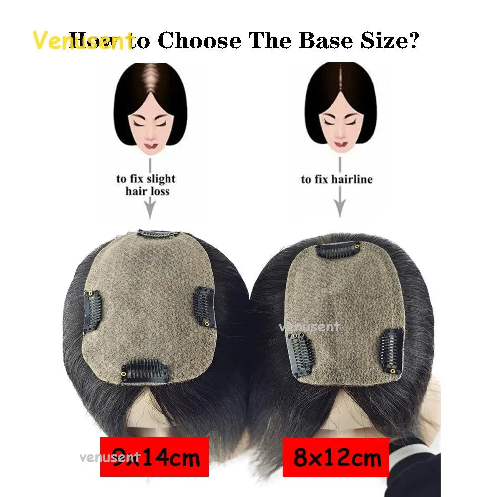 Silk Skin Base Topper 8X12cm Virgin Human Hair Piece with Clips In 18" 9x14cm Natural Scalp Top Women Toupee Overlay Free Part