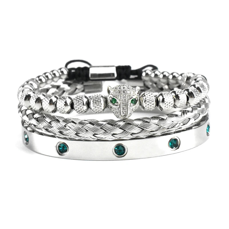 Luxury Set Green Eye Leopard Head Charm Handmade Unisex Bracelet Crystals Stainless Steel Bangles Jewelry