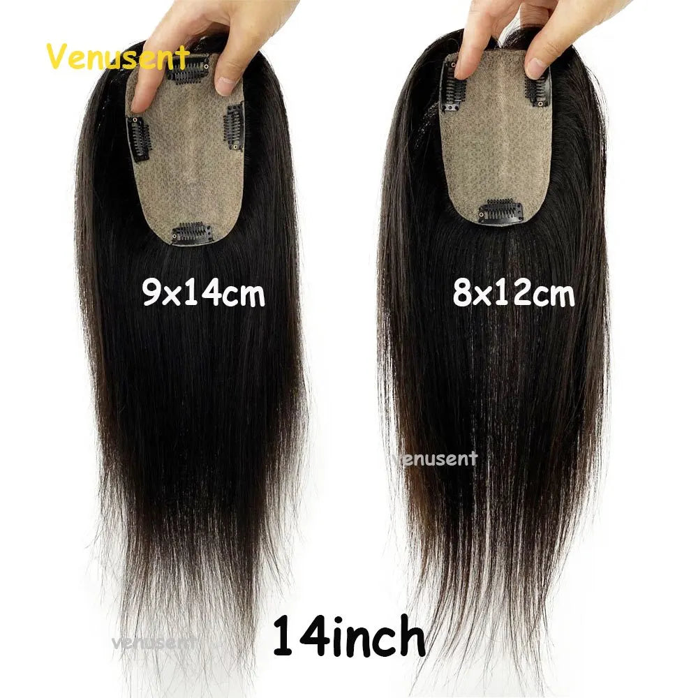 Silk Skin Base Topper 8X12cm Virgin Human Hair Piece with Clips In 18" 9x14cm Natural Scalp Top Women Toupee Overlay Free Part
